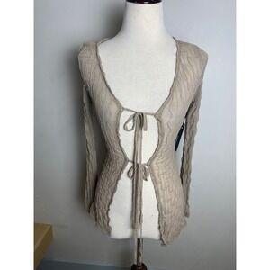 Mary & Mo Beige Textured Wavy Knit Tie Front Long Sleeve Top XS NWT